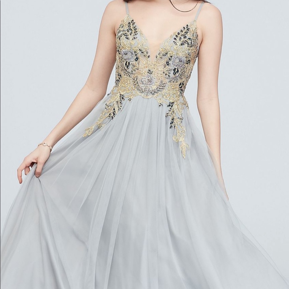 Betsy and Adam Tulle Ball Gown with Gems and Floral Embroidery